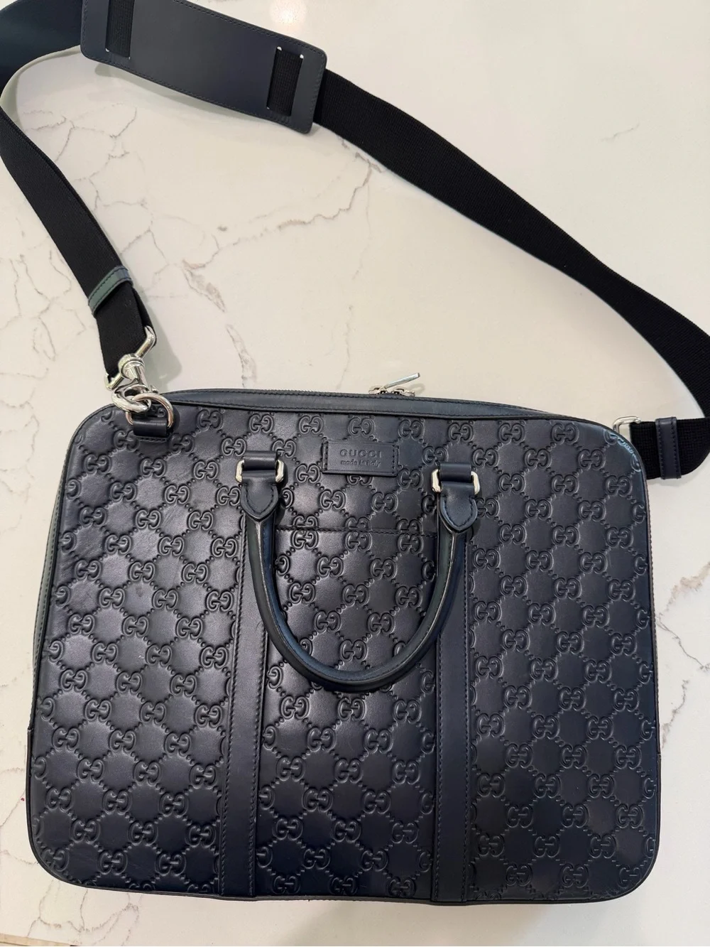 Gucci Black Embossed Signature Laptop Briefcase with Detachable Strap